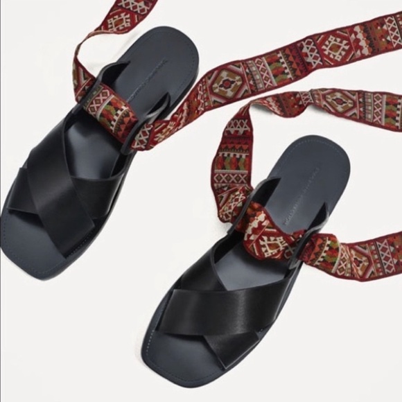 Zara BOHO Aztec ribbon wrap leather sandals - Picture 1 of 9